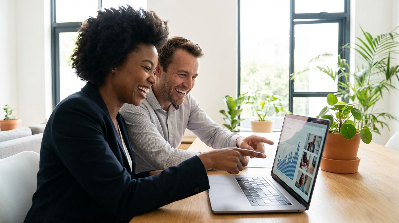 Happy mixed-race couple planning financial future